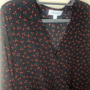 Popsugar black with cherries blouse crossover long sleeve women size Large